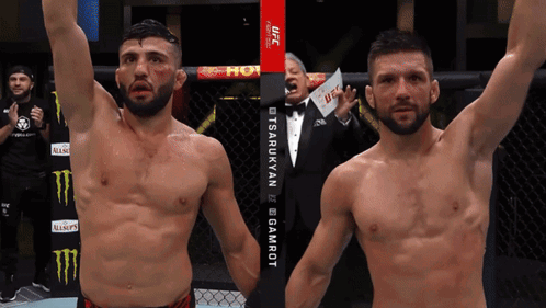 Two Men In A Boxing Ring With Ufc Written On A Sign GIF