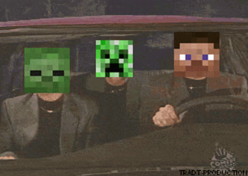 Two Men In A Car With Minecraft Faces On Their Heads GIF