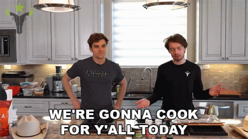 Two Men In A Kitchen With The Words " We 'Re Gonna Cook For Y'all Today " GIF