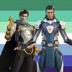 Two Men In Armor Are Standing Next To Each Other In Front Of A Colorful Background . GIF