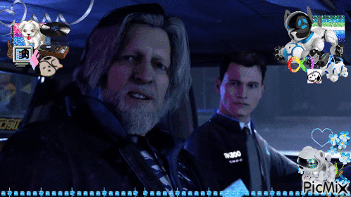 Two Men in Car With Robot Background