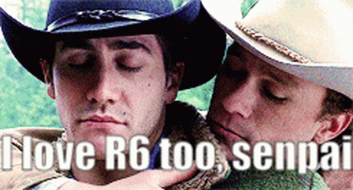 Two Men In Cowboy Hats Are Hugging Each Other With The Words " I Love R6 Too Senpai " On The Bottom GIF