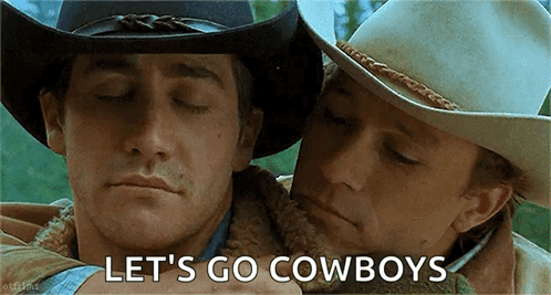 Two Men In Cowboy Hats Are Hugging Each Other With The Words Let 'S Go Cowboys Above Them GIF