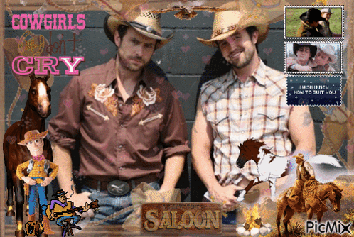 Two Men in Cowboy Hats With Saloon Sign
