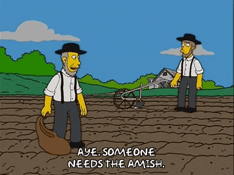 Two Men in Field with Aye Someone Needs the Amish