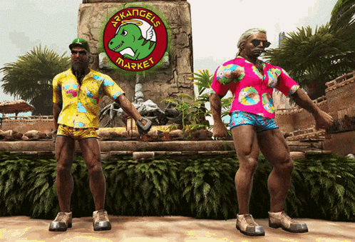 Two Men In Front Of Arkangels Market Sign GIF