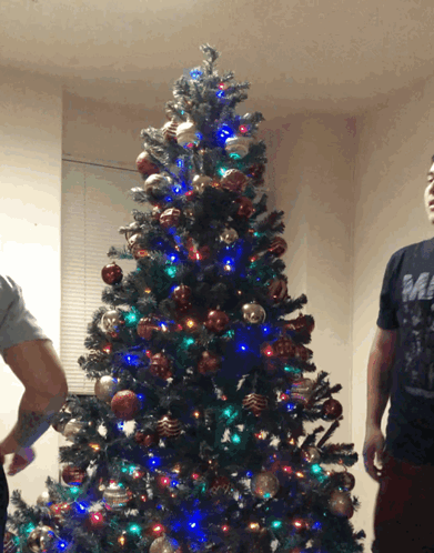 Two Men In Front Of Christmas Tree One Wearing Mad Shirt GIF