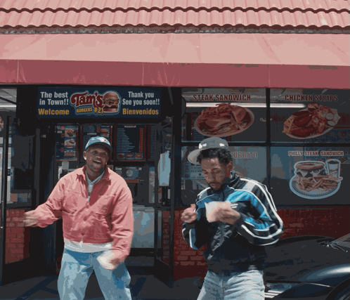 Two Men In Front Of Clam's Burgers GIF