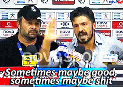 Two Men In Front Of Microphones With The Words " Sometimes Maybe Good Sometimes Maybe Shit " On The Bottom GIF
