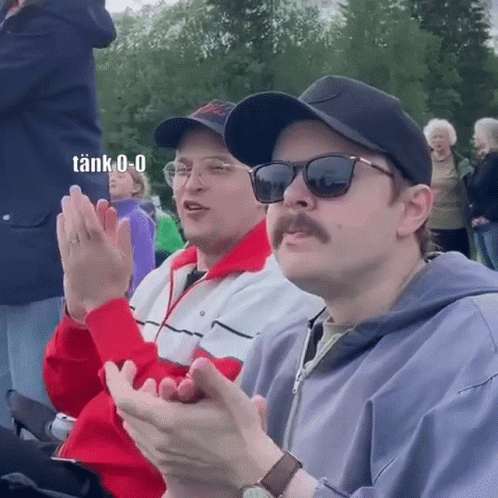 Two Men in Hats and Sunglasses Clapping Tank 0 0