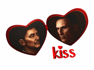 Two Men in Heart Frame Kiss