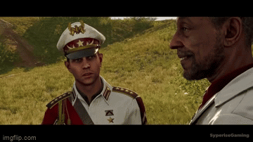 Two Men In Military Uniforms Are Standing In A Grassy Field Talking To Each Other . GIF