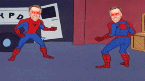 Two Men In Spiderman Costumes Are Dancing In Front Of A Xpd Van GIF