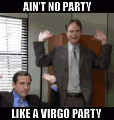 Two Men In Suits And Ties Are Dancing In Front Of A Window With The Caption Ain 'T No Party Like A Virgo Party GIF