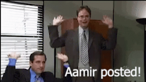 Two Men In Suits And Ties Are Dancing In Front Of A Window With The Words Aamir Posted . GIF