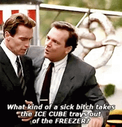 Two Men In Suits And Ties Are Standing Next To Each Other And One Of Them Is Saying What Kind Of A Sick Bitch GIF
