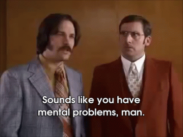 Two Men In Suits And Ties Are Standing Next To Each Other And One Of Them Says " Sounds Like You Have Mental Problems Ma GIF