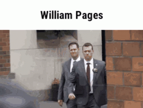 Two Men In Suits And Ties Are Walking In Front Of A Brick Wall With The Name William Pages On The Top GIF