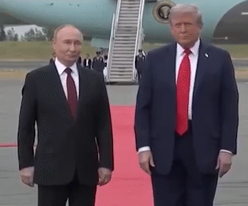 Two Men In Suits And Ties On Red Carpet GIF