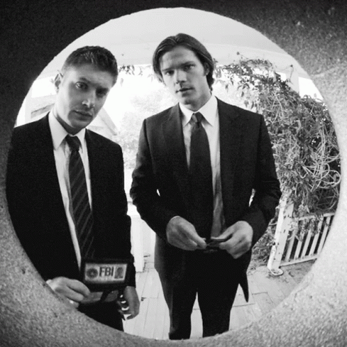 Two Men In Suits And Ties With A Fbi Badge On Their Chests GIF