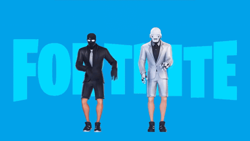 Two Men In Suits Are Standing In Front Of A Blue Background That Says Fortnite GIF