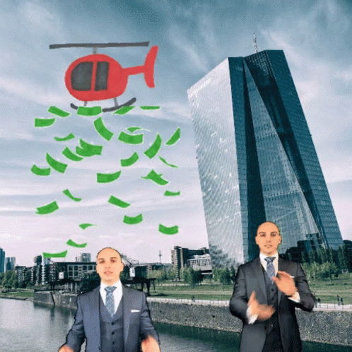 Two Men In Suits Are Standing In Front Of A Building With A Helicopter Flying Overhead GIF