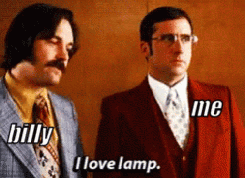 Two Men In Suits Are Standing Next To Each Other And One Of Them Is Saying " I Love Lamp " GIF