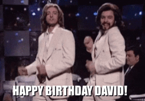Two Men In White Suits Are Dancing With The Words Happy Birthday David Written On The Bottom GIF