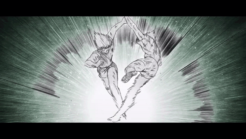 Two Men Kicking Each Other In Black And White GIF
