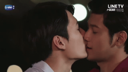 Two Men Kissing In Front Of Line TV Screen GIF