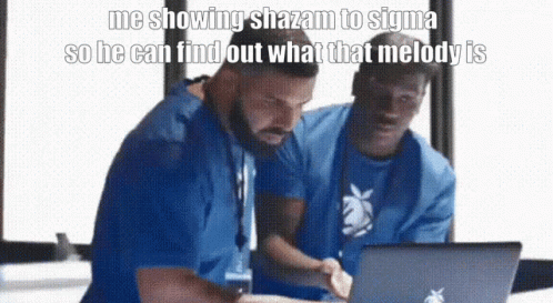 Two Men Looking at Laptop Saying Me Showing Shazam to Sigma