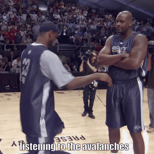 Two Men On A Basketball Court With The Words Listening To The Avalanches On The Bottom GIF