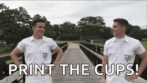 Two Men on Bridge Hands on Hips Print the Cups