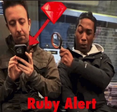 Two Men on Cell Phones Magnifying Glass Ruby Alert