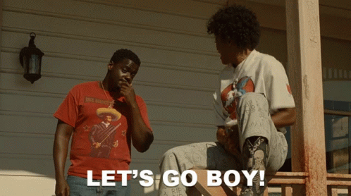 Two Men On Porch Saying Lets Go Boy GIF