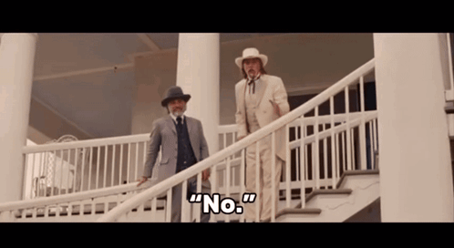 Two Men on Stairs Saying No