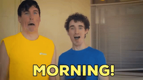 Two Men One in Yellow Tank Top Saying Morning