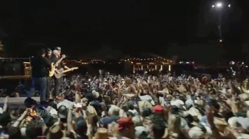 Two Men Playing Guitars On Stage GIF