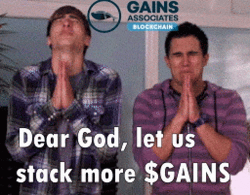 Two Men Praying In Front Of A Gains Logo GIF