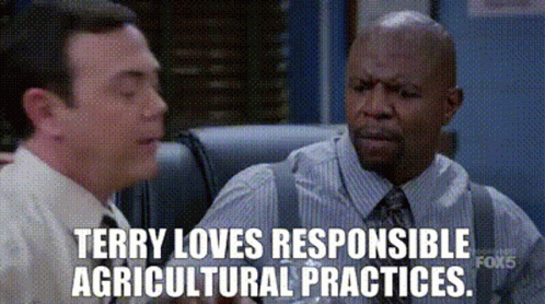 Two Men Saying Terry Loves Responsible Agricultural Practices