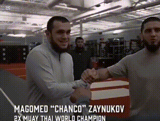 Two Men Shaking Hands In A Gym With The Words Magomed " Chanco " Zaynukov On The Bottom GIF