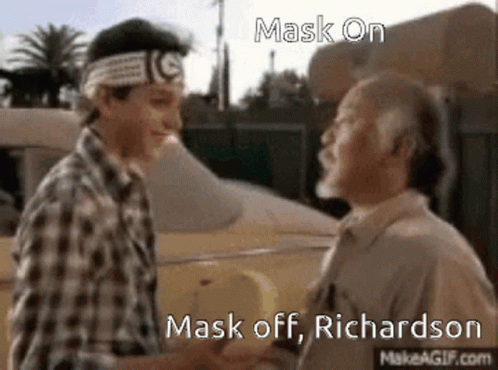 Two Men Shaking Hands In Front Of A Car With The Words Mask On Mask Off Richardson GIF
