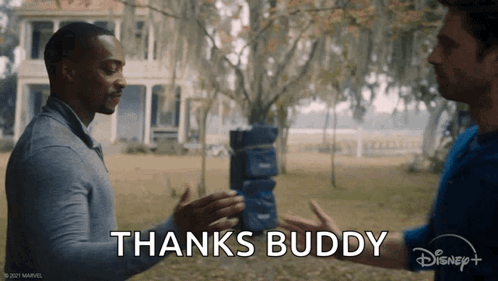 Two Men Shaking Hands in Front of House Saying Thanks Buddy