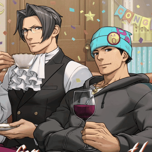 Two Men Sitting At A Table With A Banner That Says Congratulations GIF