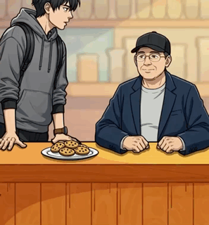 Two Men Sitting at Counter With Cookies