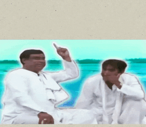 Two Men Sitting Next To Each Other With The Caption " Pov When You 'Re Friend Faking A Story But You Know The Truth GIF