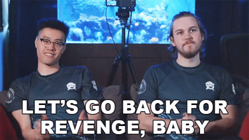 Two Men Sitting Next To Each Other With The Words Let 'S Go Back For Revenge Baby Written On The Screen GIF