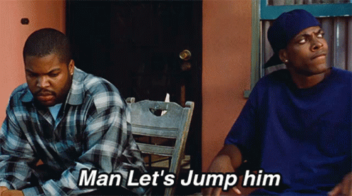 Two Men Sitting Next To Each Other With The Words Man Let 'S Jump Him Above Them GIF