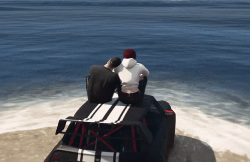 Two Men Sitting On Car Over Ocean GIF