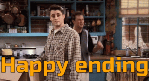 Two Men Standing In A Kitchen With The Words Happy Ending In Yellow GIF
